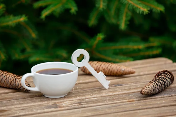 Tasse Kaffee Und Schlüssel Auf Holztisch Mit Fichtenzweigen Hintergrund — Stockfoto