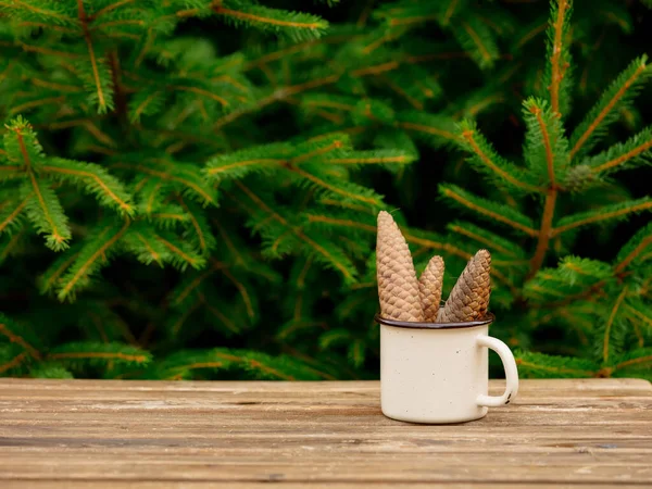 Cup Coffee Pine Cones Wooden Table Spruce Branches Background — Stock Photo, Image