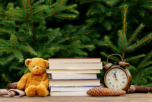老式闹钟 玩具熊和书桌上的书籍 背景是云杉树枝 — 图库照片