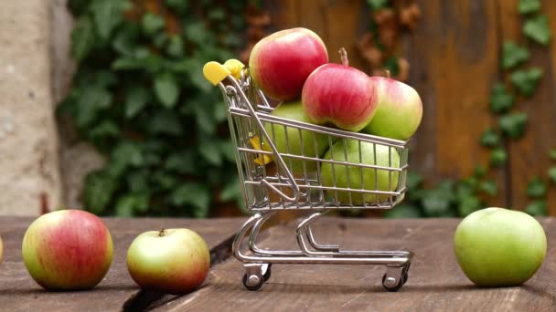 Apples Little Cart Wooden Desk Garden — Stock Video