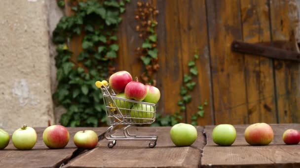 Appels Kleine Kar Houten Bureau Een Tuin — Stockvideo