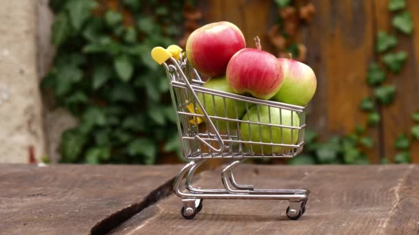 Äpfel Wägelchen Auf Holztisch Garten — Stockvideo