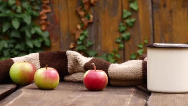 Taza Del Café Las Manzanas Sobre Mesa Madera Jardín — Vídeo de stock