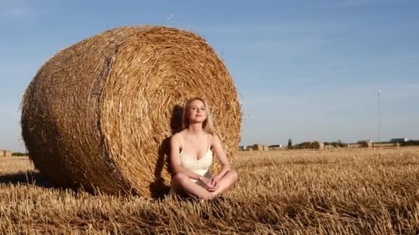 Blond Meisje Zit Door Een Opgerolde Hooiberg Het Veld Zonsondergang — Stockvideo