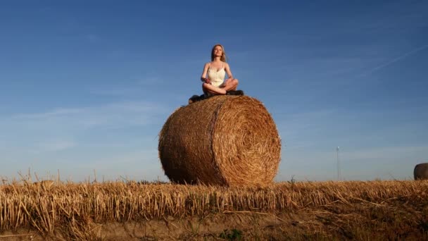 日落时分 金发姑娘正坐在田野里翻滚的草堆上 — 图库视频影像