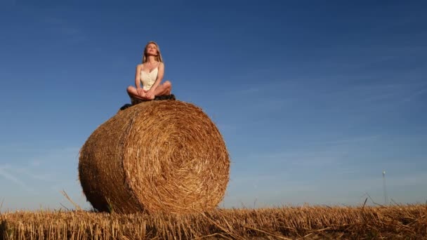 Blond Meisje Zit Opgerold Hooiberg Het Veld Zonsondergang Tijd — Stockvideo