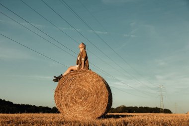 Sarışın kız gün batımında samanlıkta yuvarlanıyor.