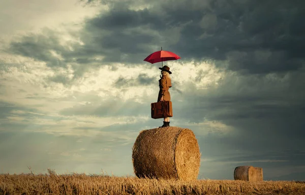 Blonde Girl Suitcase Umbrella Staying Rolled Haystack Field Sunset Time — Stock Photo, Image