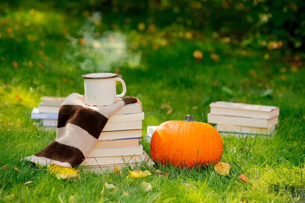 Calabaza Libros Con Taza Café Están Una Hierba Verde Jardín —  Fotos de Stock