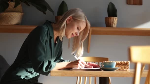 Ragazza Sta Parlando Telefono Bere Caffè All Interno Del Caffè — Video Stock