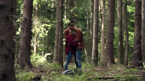 Pareja Joven Besándose Entre Los Pinos Bosque Otoño — Vídeo de stock