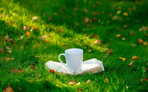 Cup Coffee Book Autumn Garden — Stock Photo, Image