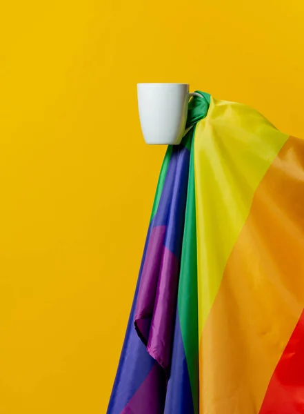 Cup Coffee Lgbt Flag Yellow Background — Stock Photo, Image