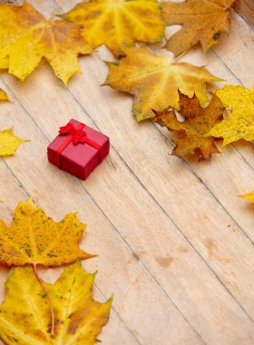 Küçük kırmızı hediye kutusu ve akçaağaç yaprakları ahşap masada. 