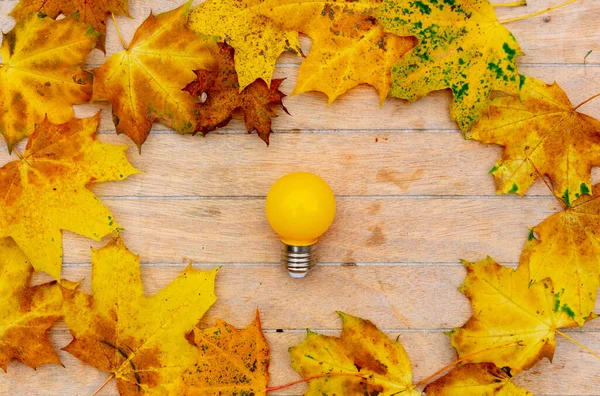 Lampadina Gialla Foglie Acero Sul Tavolo Legno — Foto Stock