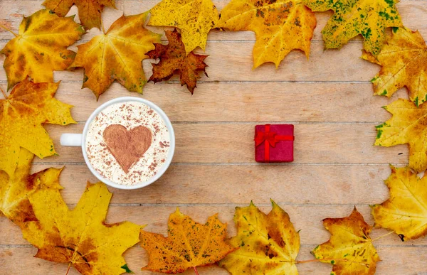 Cup Coffee Heart Cinnamon Gift Box Table Maple Leaves — Stock Photo, Image