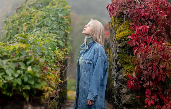 Hermosa Rubia Jardín Con Enredadera Virginia Otoño — Foto de Stock