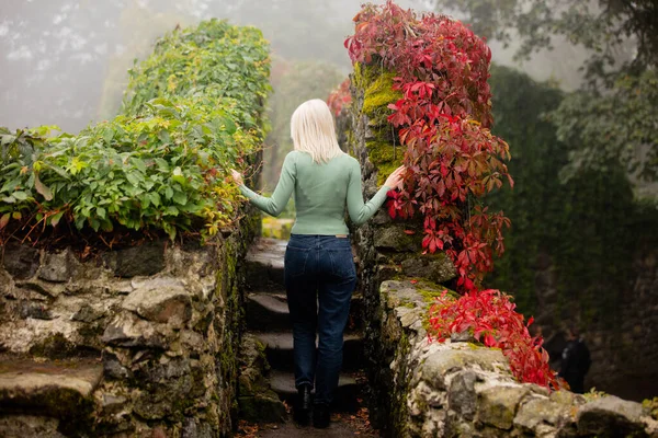 Schöne Blondine Garten Mit Virginia Schlingpflanze Herbst — Stockfoto