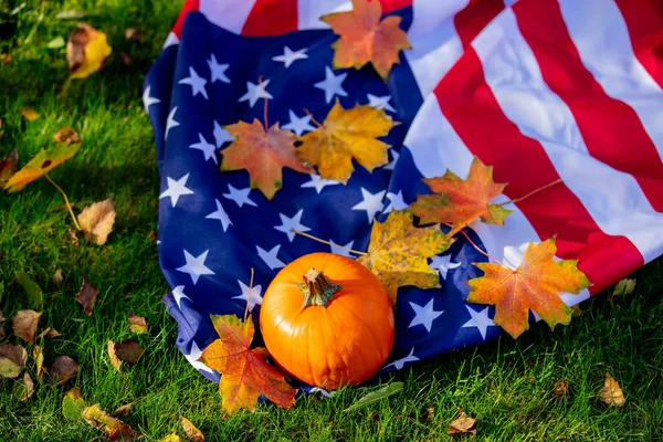 Little pumpkin and maple leaves with USA flag on green grass in a garden
