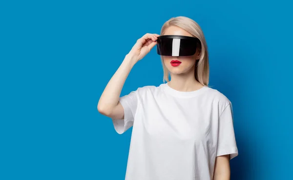 Blonde Futuristic Glasses Blue Background — Stock Photo, Image