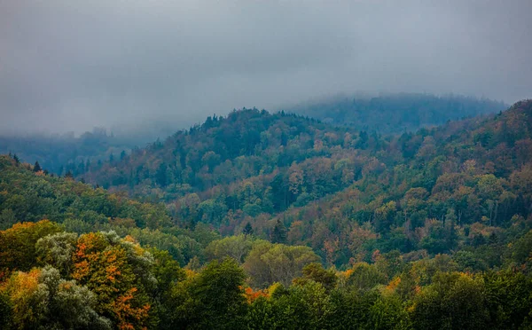 Blick Auf Das Sudetengebirge Wald Herbstlichen Nebel Polen — Stockfoto