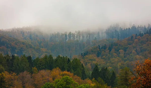 Vista Las Montañas Los Sudetes Bosque Época Niebla Otoñal Polonia — Foto de Stock