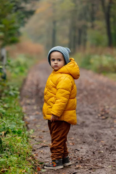 Ragazzino Con Giacca Gialla Resta Solo Nella Foresta Polonia — Foto Stock