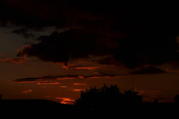 Mooie Kleurrijke Zonsondergang Met Rode Lucht Bomen Wolken — Stockfoto