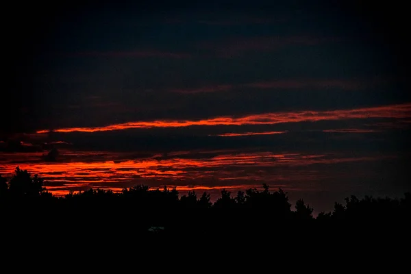 Hermoso Atardecer Colorido Con Cielo Rojo Árboles Nubes — Foto de Stock