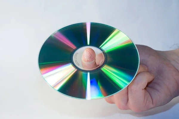 Zilveren Disk Mannelijke Hand Witte Achtergrond — Stockfoto