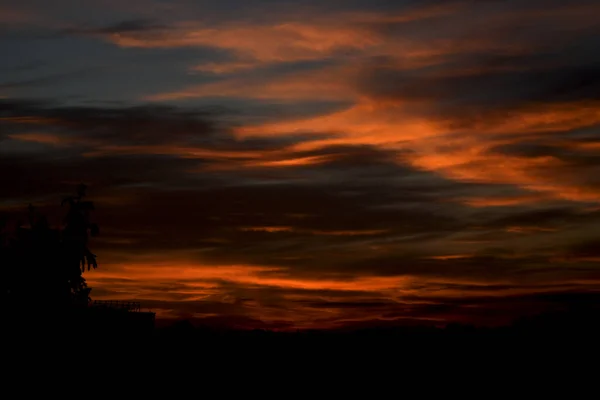 Hermoso Atardecer Colorido Con Cielo Rojo Árboles Nubes — Foto de Stock