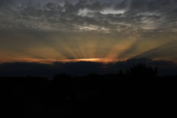 Mooie Kleurrijke Zonsondergang Met Rode Lucht Bomen Wolken — Stockfoto