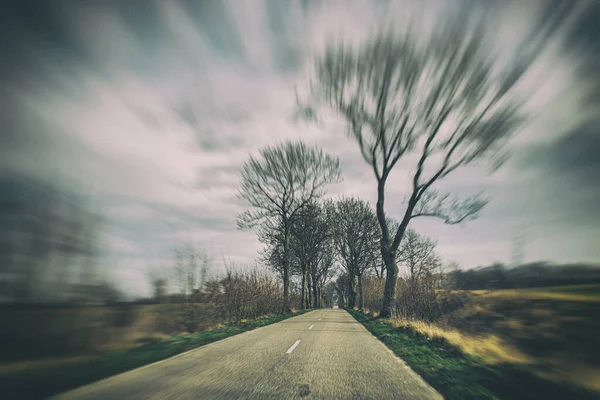 Krásná Stará Úzká Asfaltová Cesta Stromy Kraji Silnice Během Jízdy — Stock fotografie