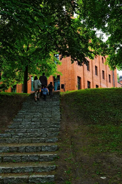 Belo Palácio Tijolo Histórico Polonês Rzucewo Cercado Por Vegetação Verão — Fotografia de Stock