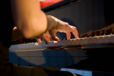 Beyaz müzik tuşlarıyla piyano çalan bir kadının ellerinde.