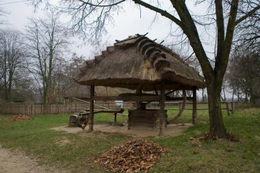 Polonya 'da bir sonbahar gününde güzel, eski, tarihi ahşap bir ev.