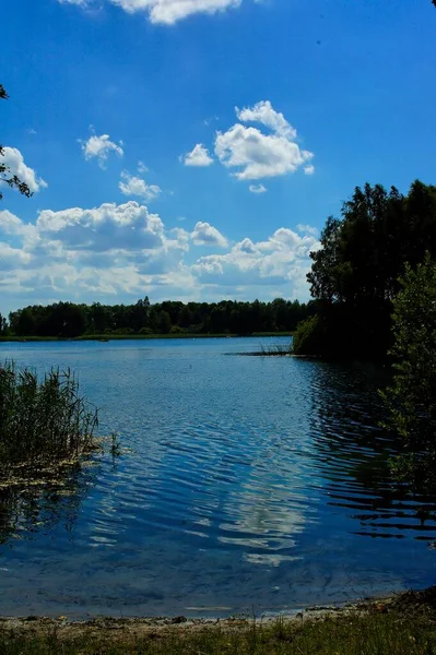 Uma Bela Paisagem Idílica Verão Com Lago Sob Céu Azul — Fotografia de Stock