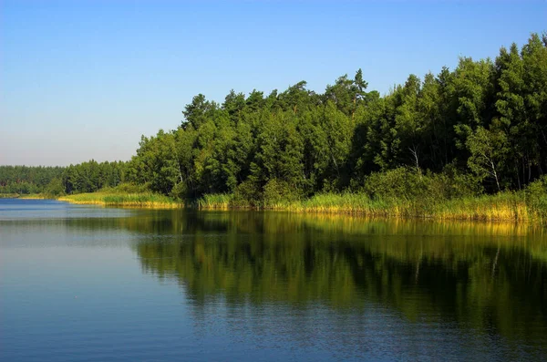 Bellissimo Paesaggio Idilliaco Estivo Con Lago Sotto Cielo Blu Una — Foto Stock