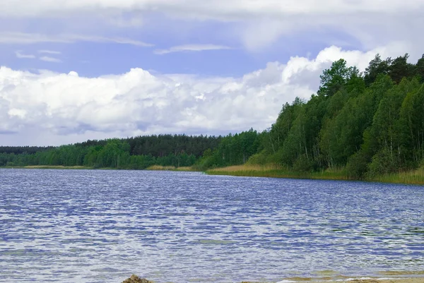 Beau Paysage Été Avec Lac Arbres Ciel Bleu Nuages Par — Photo