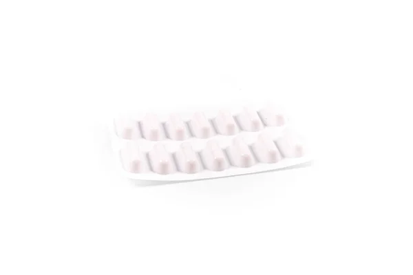 Pacote Plástico Cheio Medicina Fundo Isolado Branco — Fotografia de Stock
