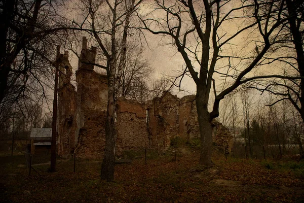Vieilles Ruines Église Brique Pologne Podlasie Sur Jour Novembre Gris — Photo