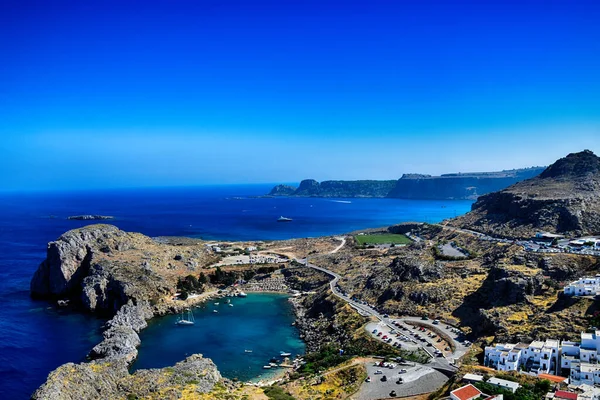 beautiful summer landscape of the Greek island of Rhodes with blue cloudless sky and sea