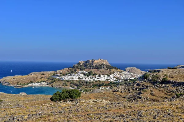 Magnifique Paysage Estival Île Grecque Rhodes Avec Ciel Bleu Sans — Photo