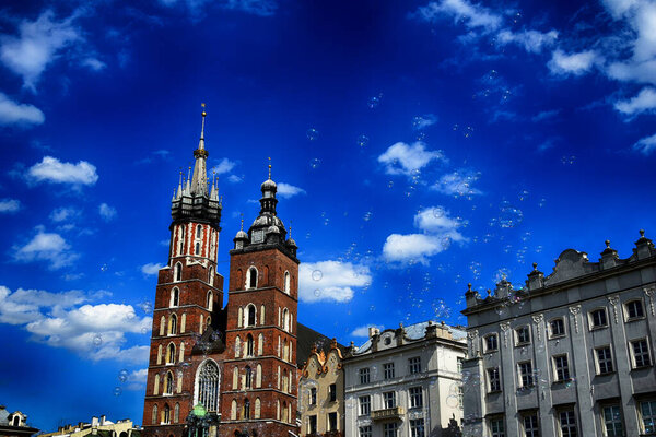 Beautiful historic historic St. Mary's church in Cracow, Poland on a warm summer day
