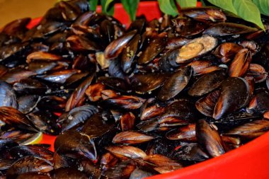 Lezzetli taze deniz ürünleri bir dükkânda ya da restoranda sergileniyor.