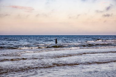 Mavi gökyüzünde Baltık Denizi kıyılarından güzel bir bahar manzarası ve bir balıkçı