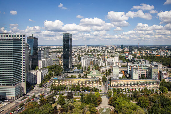 Beautiful landscape of the city of Warsaw from the vantage point in the Palace of Culture on a warm summer sunny day