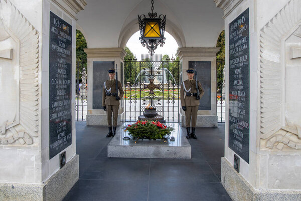 stately historic national tomb of an unknown soldier in Warsaw in Poland,