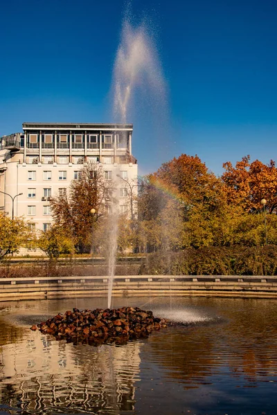 Hermoso Paisaje Urbano Otoño Varsovia Polonia Con Una Fuente Árboles —  Fotos de Stock