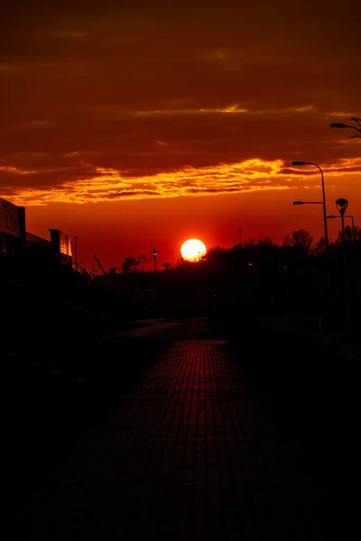 Magnifique Coucher Soleil Rouge Dans Ville Avec Une Route Marcher — Photo